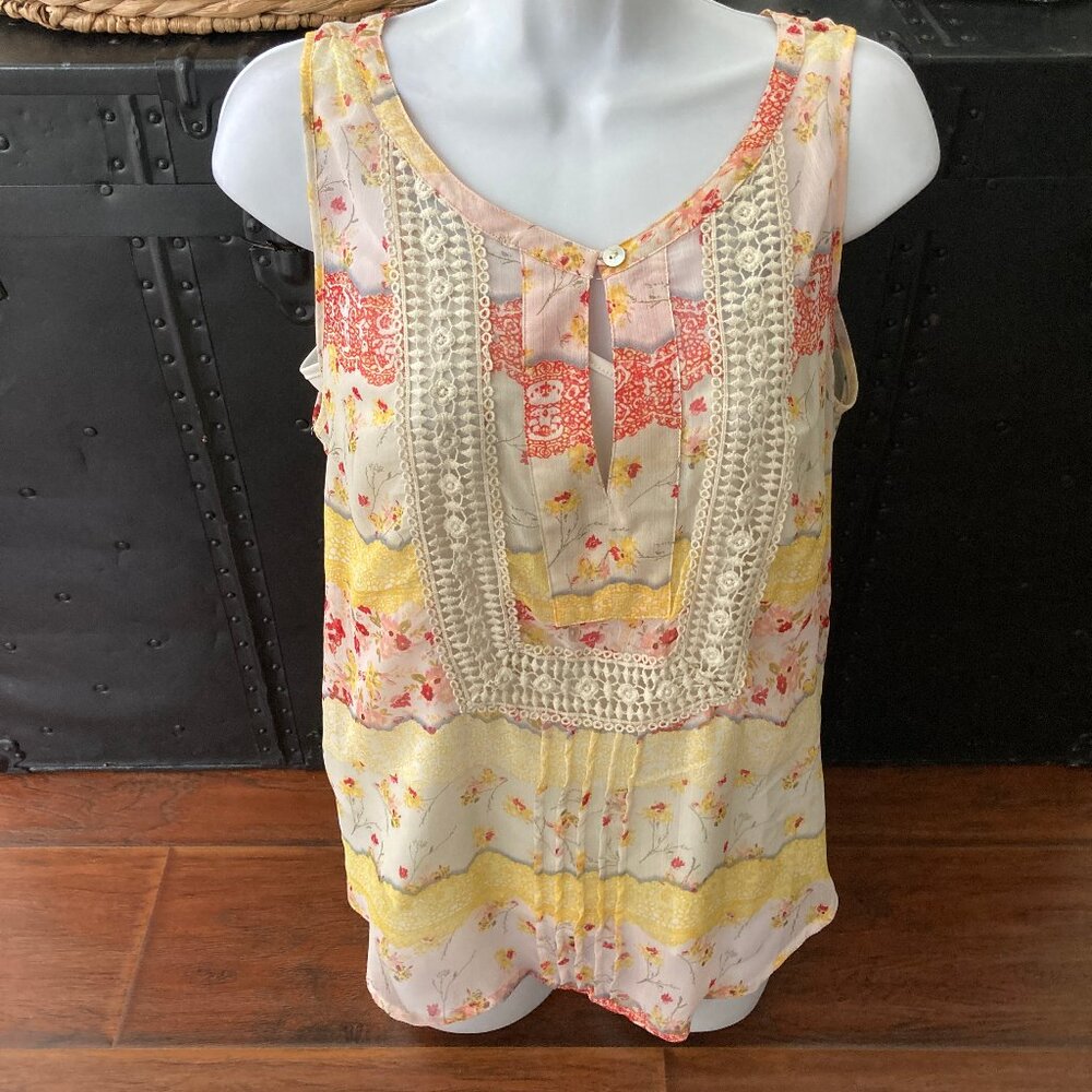 Daniel Rainn Sleeveless Yellow Coral Pastel Lace Cami Blouse M